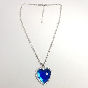 Vintage Blue Rhinestone Heart Shape Pendant Necklace, Titanic Style, Estate